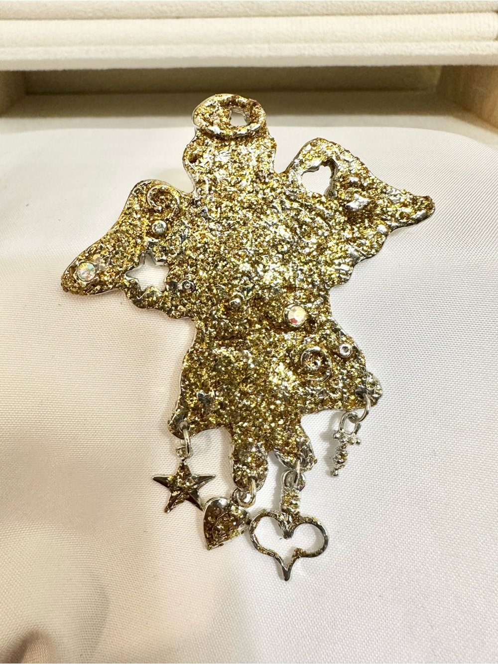 Vintage Silver Plated Gold Glitter Angel Brooch with Dangling Charms